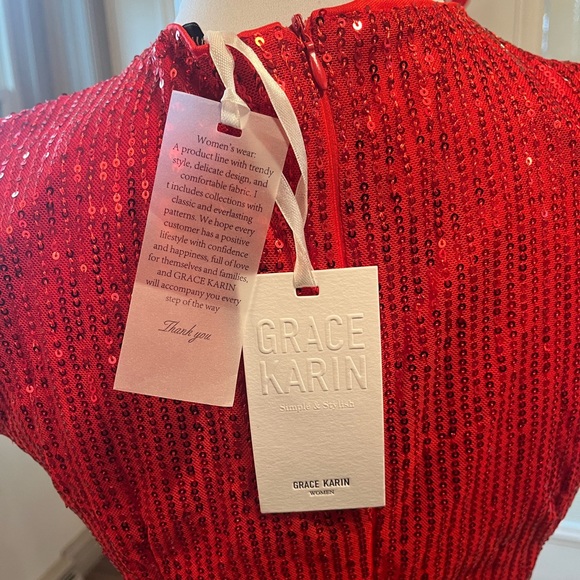 NWT Grace Karin Red Sequin Cap Sleeve V-Neck Tie Waist Bodycon Midi Dress - Picture 10 of 11